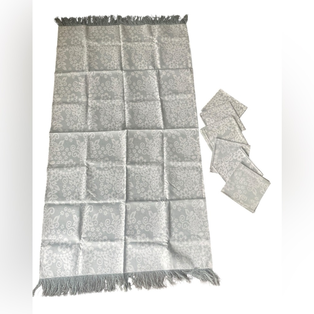 Vintage LINAS USSR Lithuanian Gray Linen Tableclothe With 6 Napkins NIB